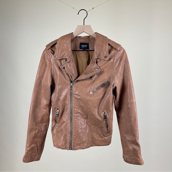 LAMARQUE Kiyoshi Washed Leather Biker Jacket in Tigers Eye - Picture 5 of 10